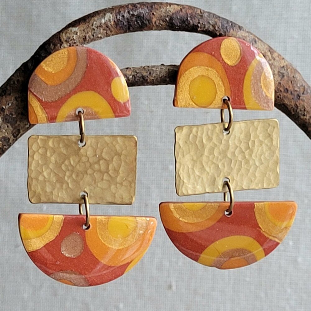Retro Style Handmade Polymer Clay and Hammered Brass Drop Earrings